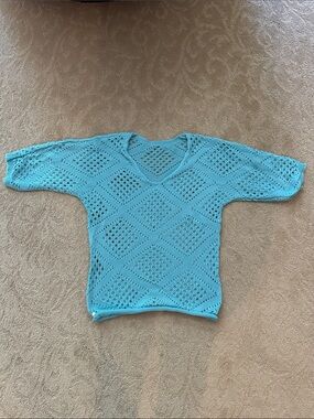 Lightweight turquoise Crochet Knit V-Neck Top